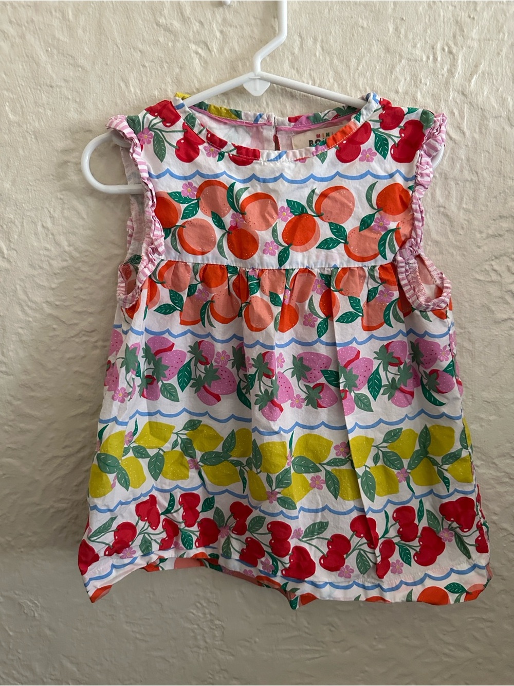 Mini Boden Woven Cotton Fruit Pattern Babydoll Dress Cherry Lemon Strawberry 6-7